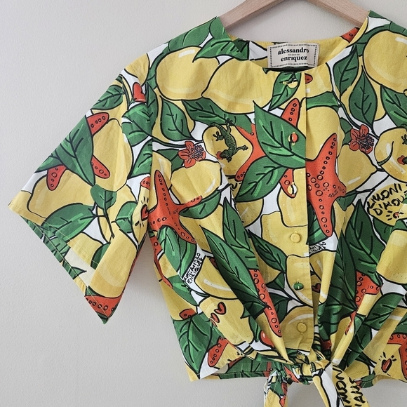 Alessandro Enriquez Lemon Print Short Sleeve Front Tie Blouse IT 42 - Picture 4 of 9